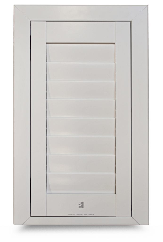 Samoa hardwood shutter sample with a smooth painted finish