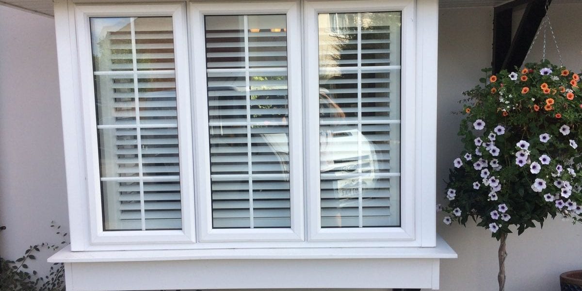 Bay window fitted with white shutters, viewed from outside with shrubs in front