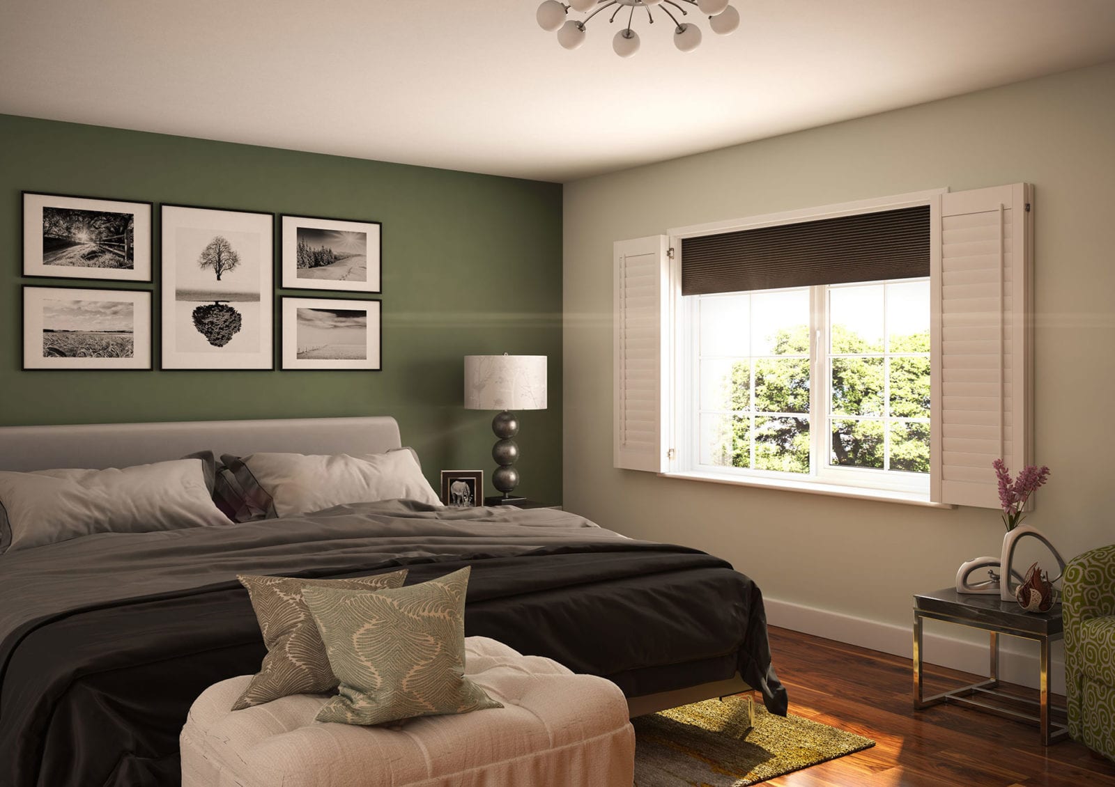Made-to-measure shutters fitted in a bedroom by Woodcraft Shutters