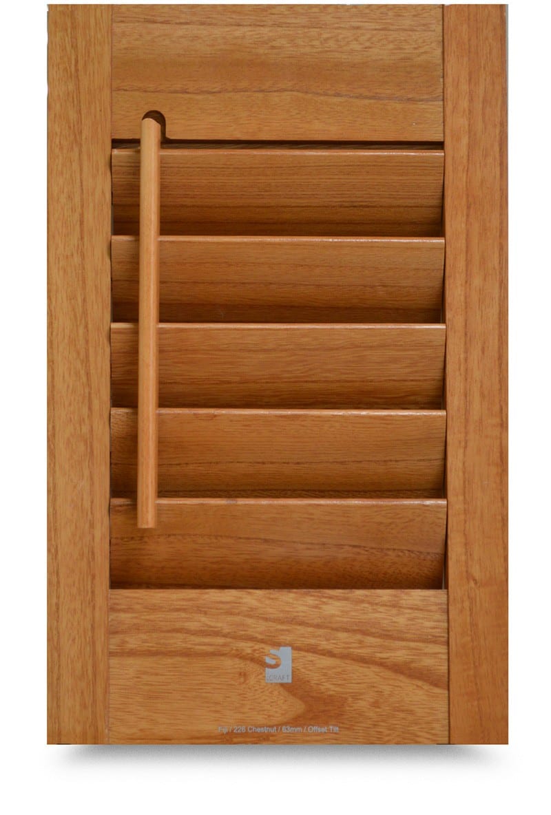 Bass Wood hardwood shutter sample with a natural wood stain